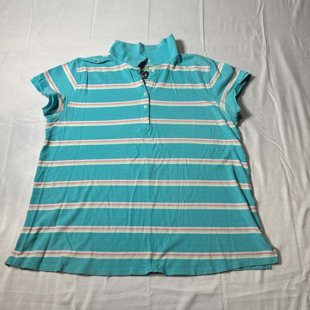 Old Navy Maternity XXL Turquoise Pink Striped Stretch Polo Shirt Short Sleeve